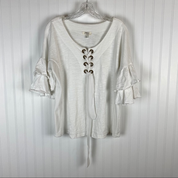 UMGEE Brass Eyelet Ruffle Sleeve White Top - Picture 4 of 8